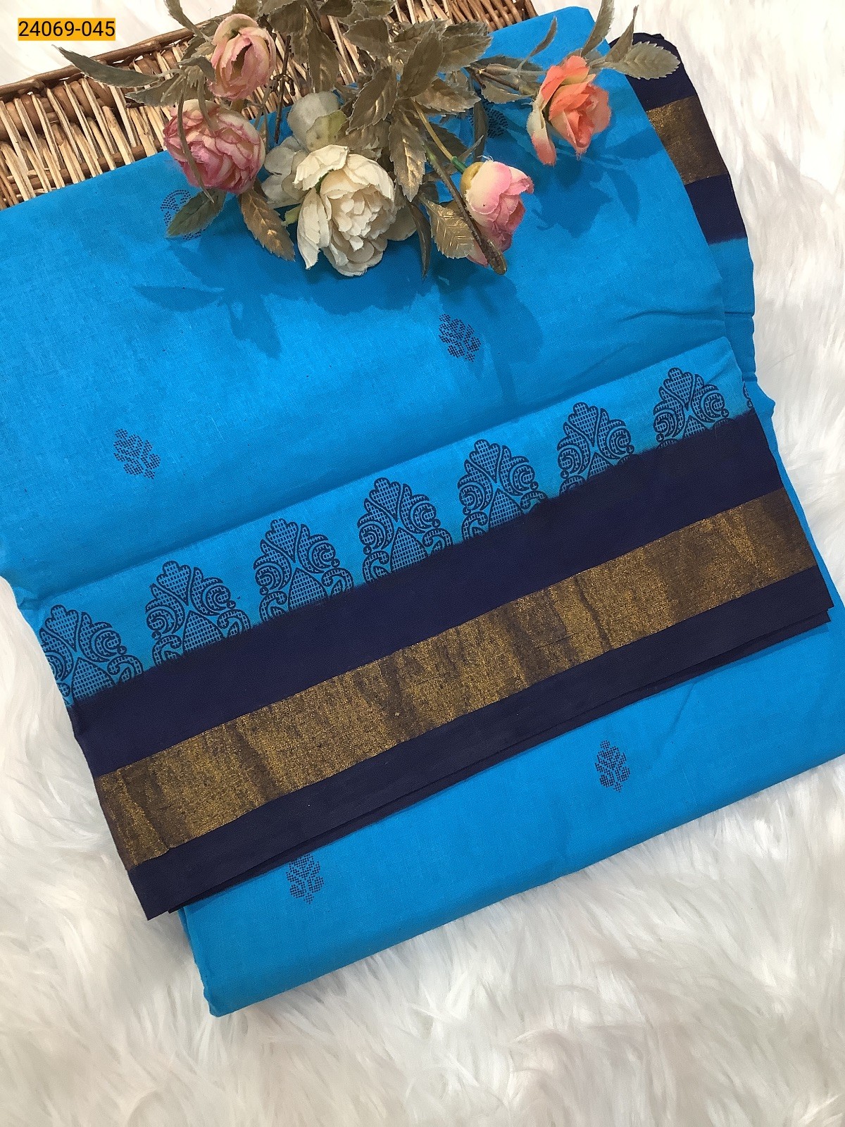 Blue Tirupur Dyed Printed Cotton Saree