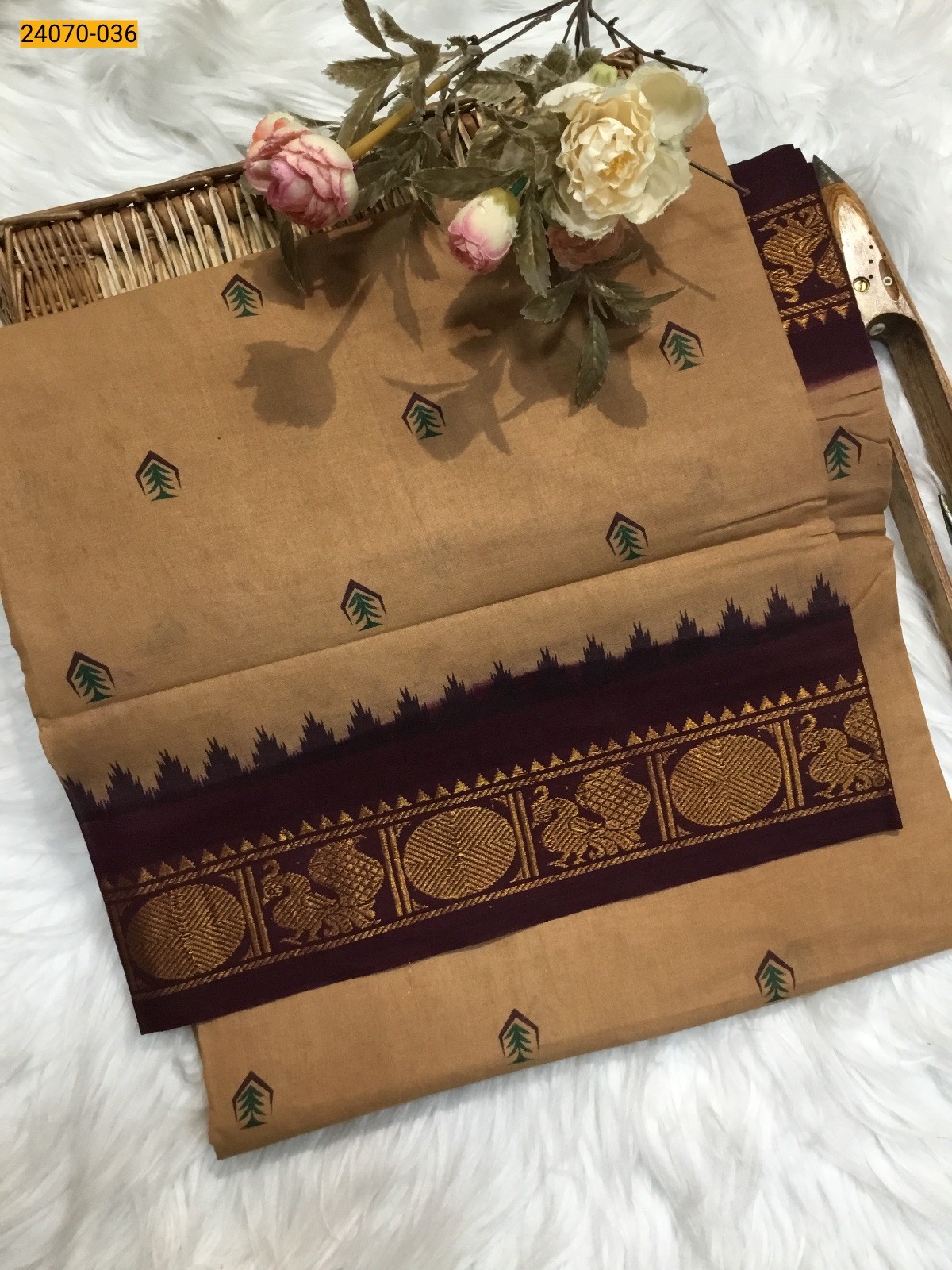 Light Brown Sungudi Pure Cotton Saree