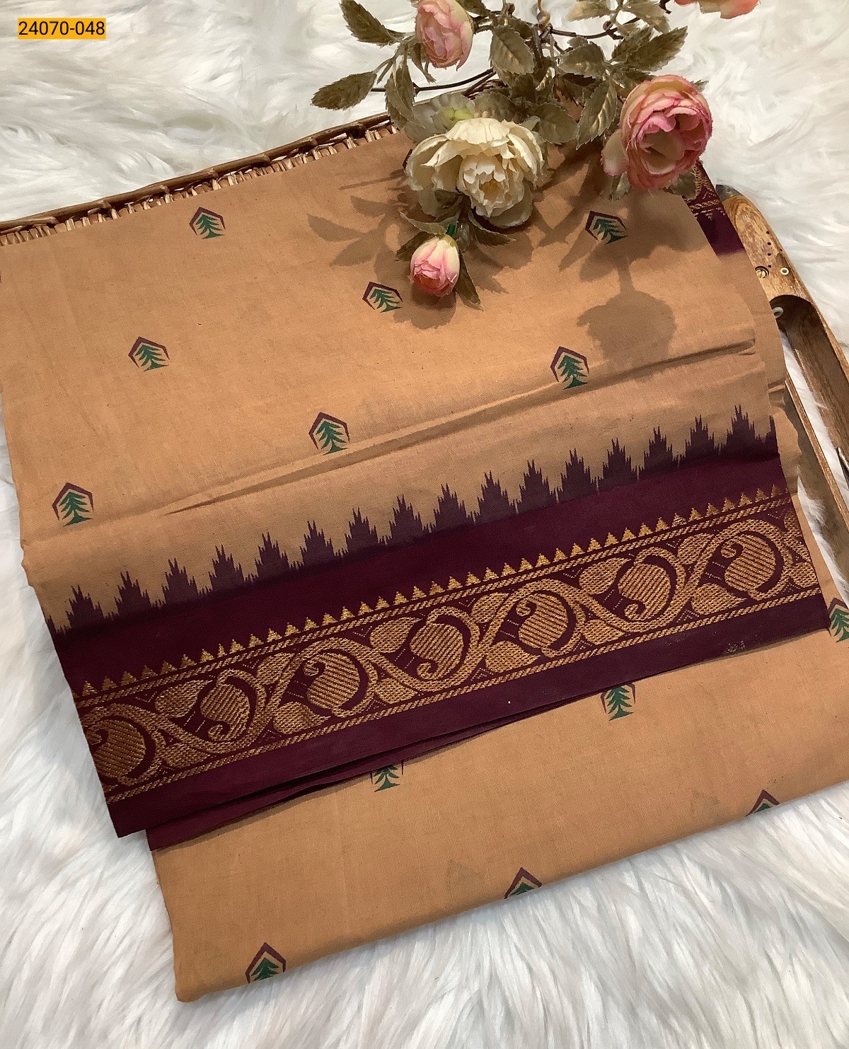 Light Brown Sungudi Pure Cotton Saree
