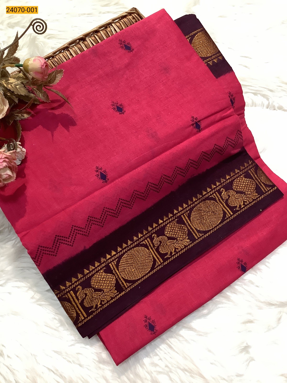 Pink Printed Sungudi Pure Cotton Saree