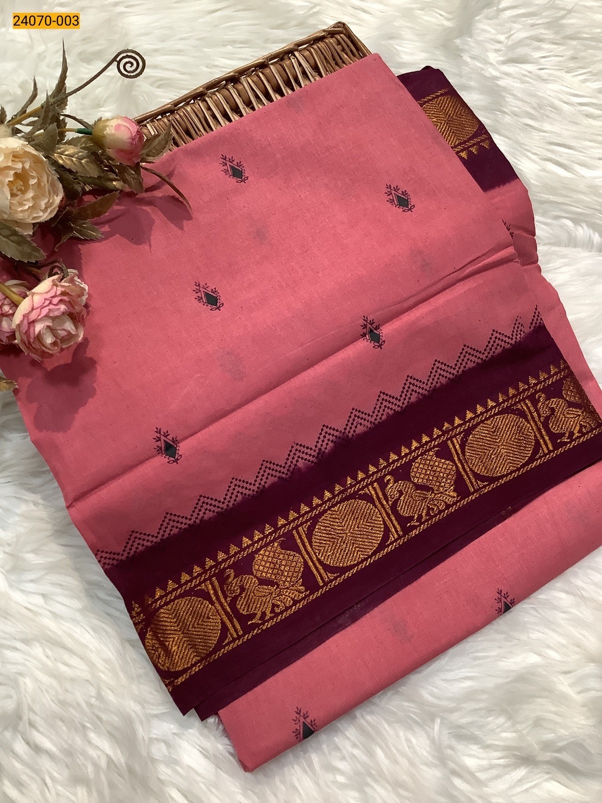 Pink Printed Sungudi Pure Cotton Saree