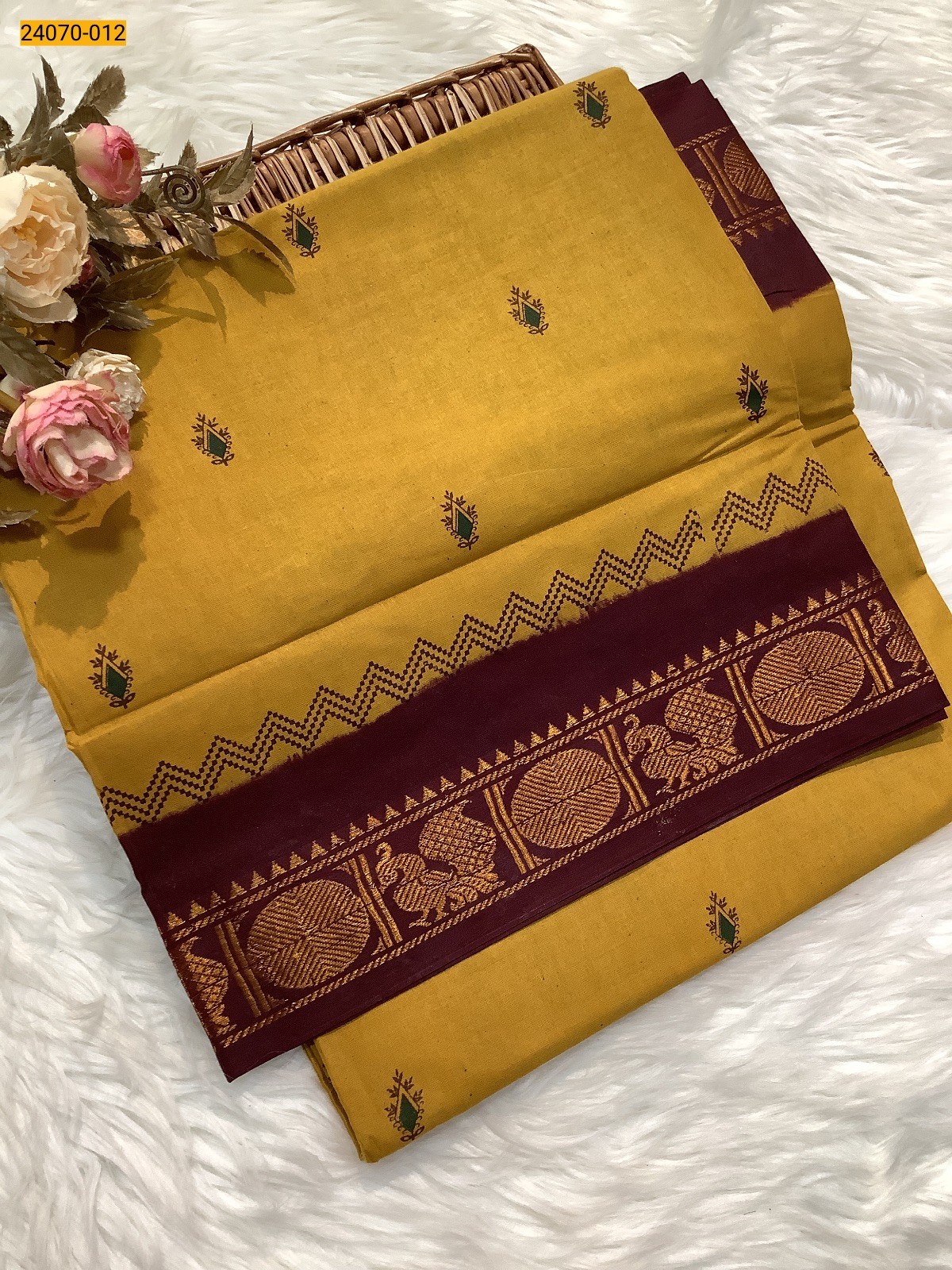 Mustard Yellow Printed Sungudi Pure Cotton Saree