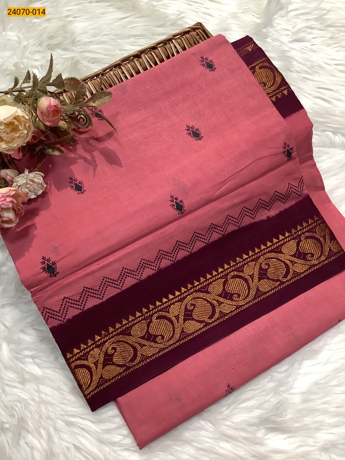 Light Pink Printed Sungudi Pure Cotton Saree