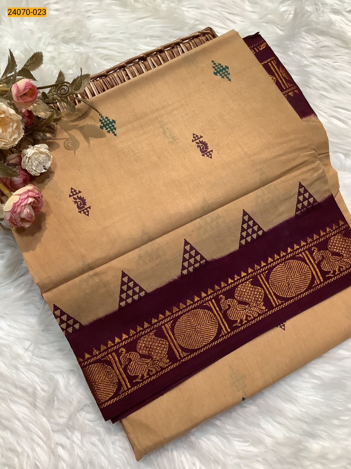 Brown Printed Sungudi Pure Cotton Saree