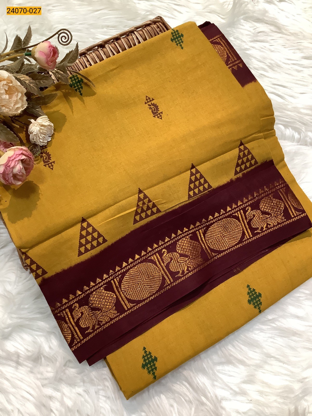 Mustard Yellow Printed Sungudi Pure Cotton Saree