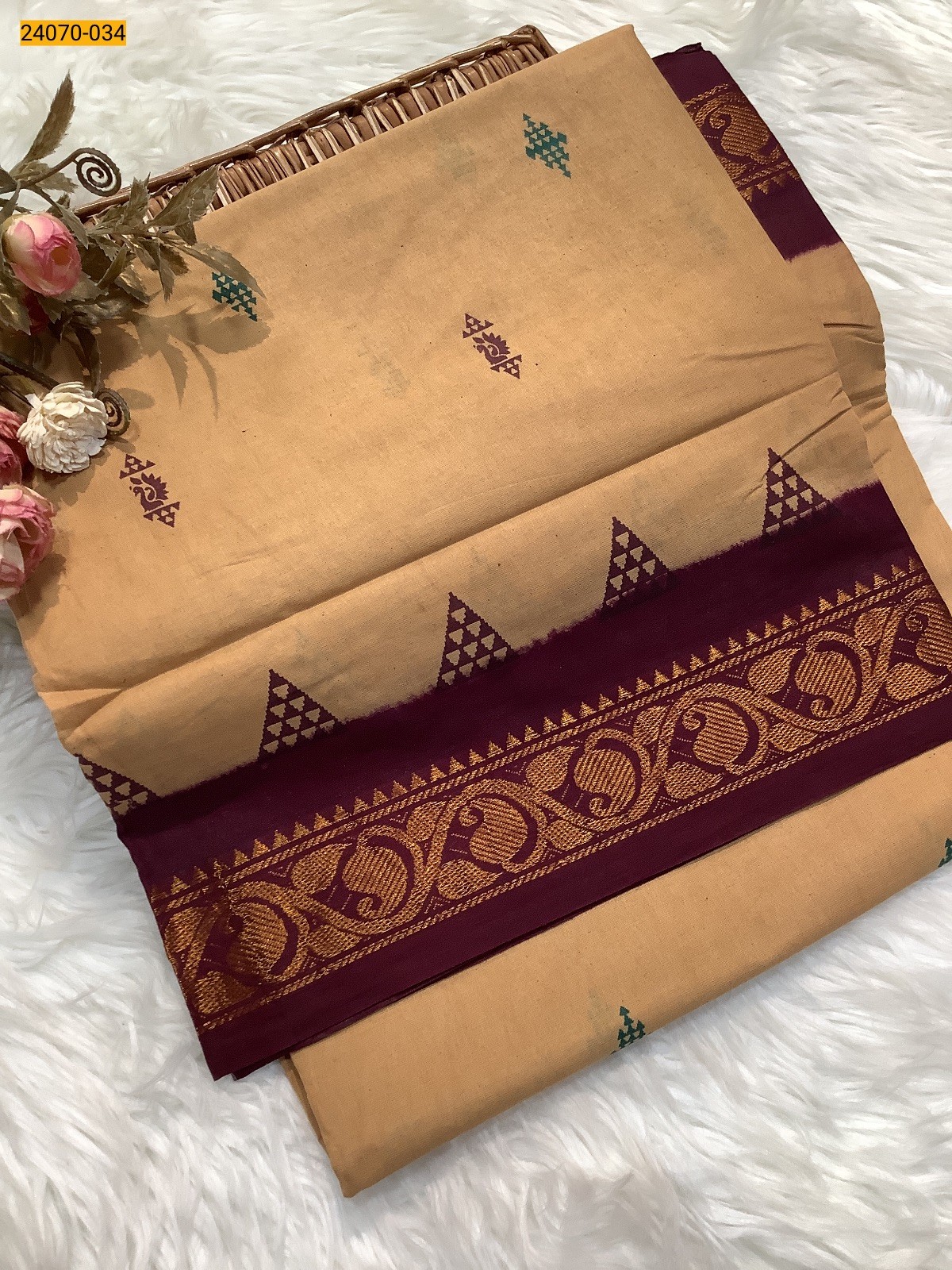 Brown Printed Sungudi Pure Cotton Saree