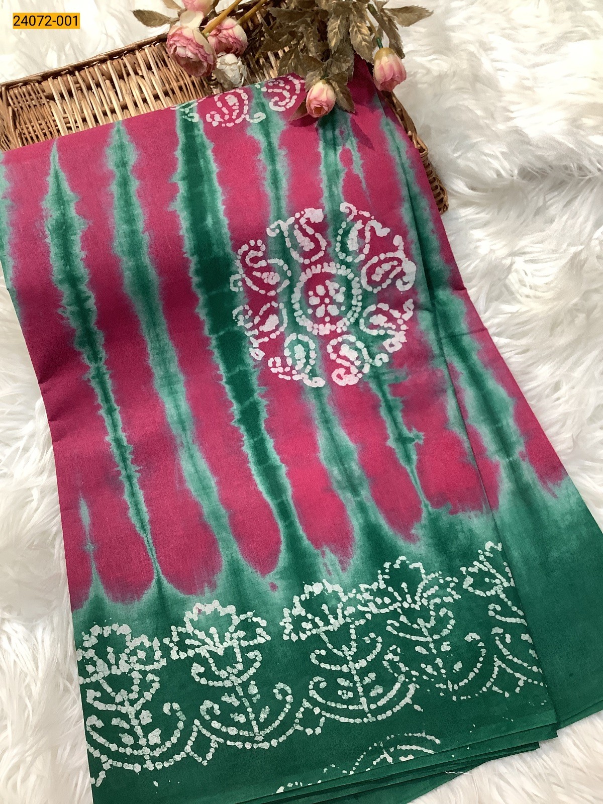 Pink With Green Batik Soft Cotton Saree