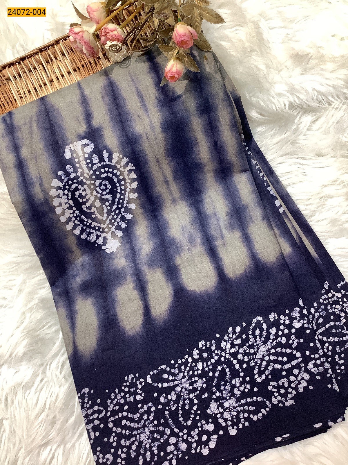 Blue  With Gray Batik Soft Cotton Saree