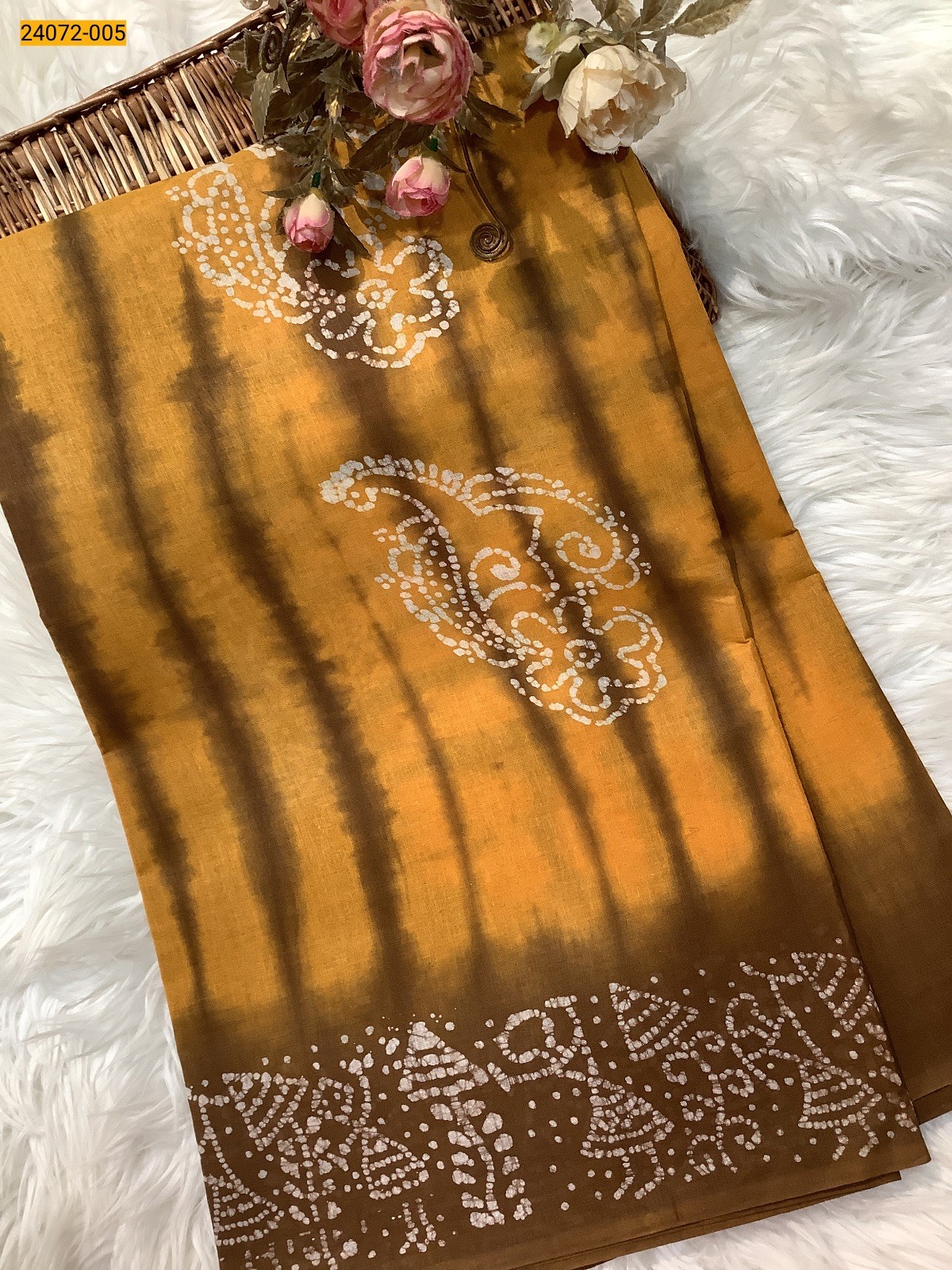 Yellow  With Brown Batik Soft Cotton Saree