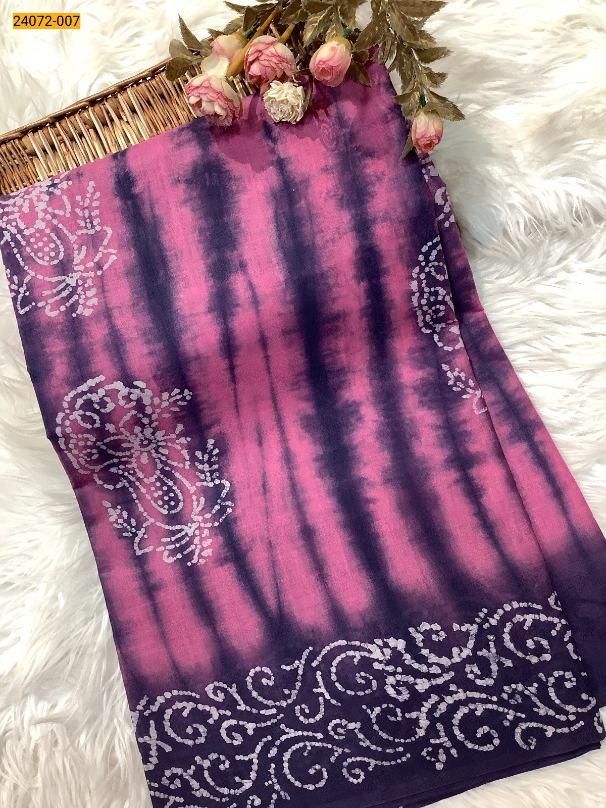 Pink With Blue Batik Soft Cotton Saree