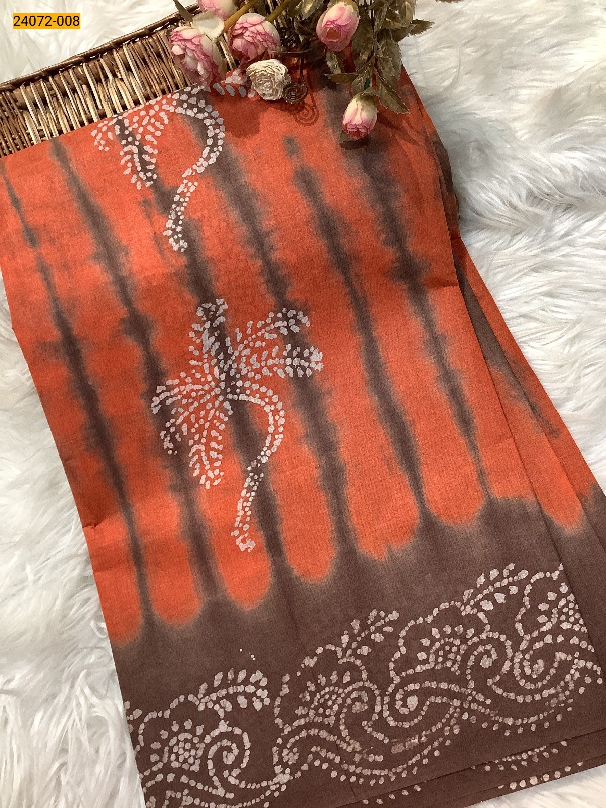 Orange With Gold Batik Soft Cotton Saree