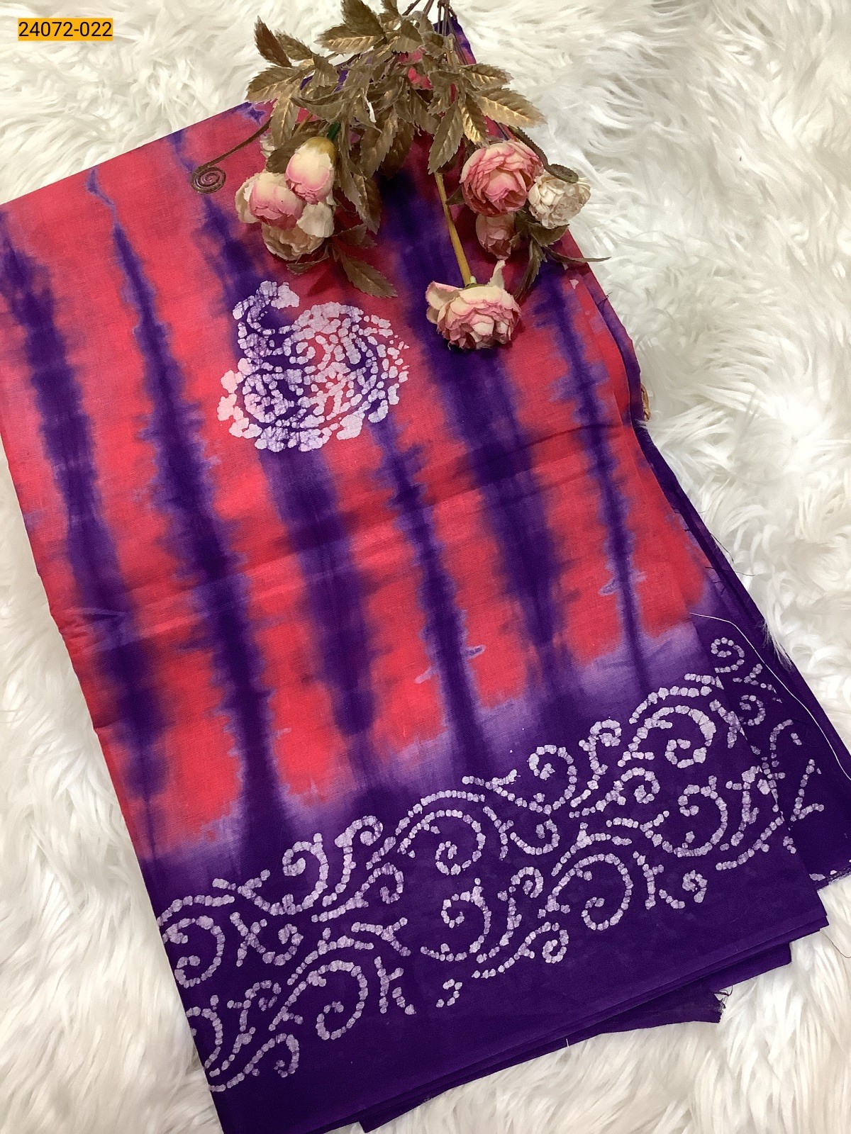 Violet With Orange Batik Soft Cotton Saree