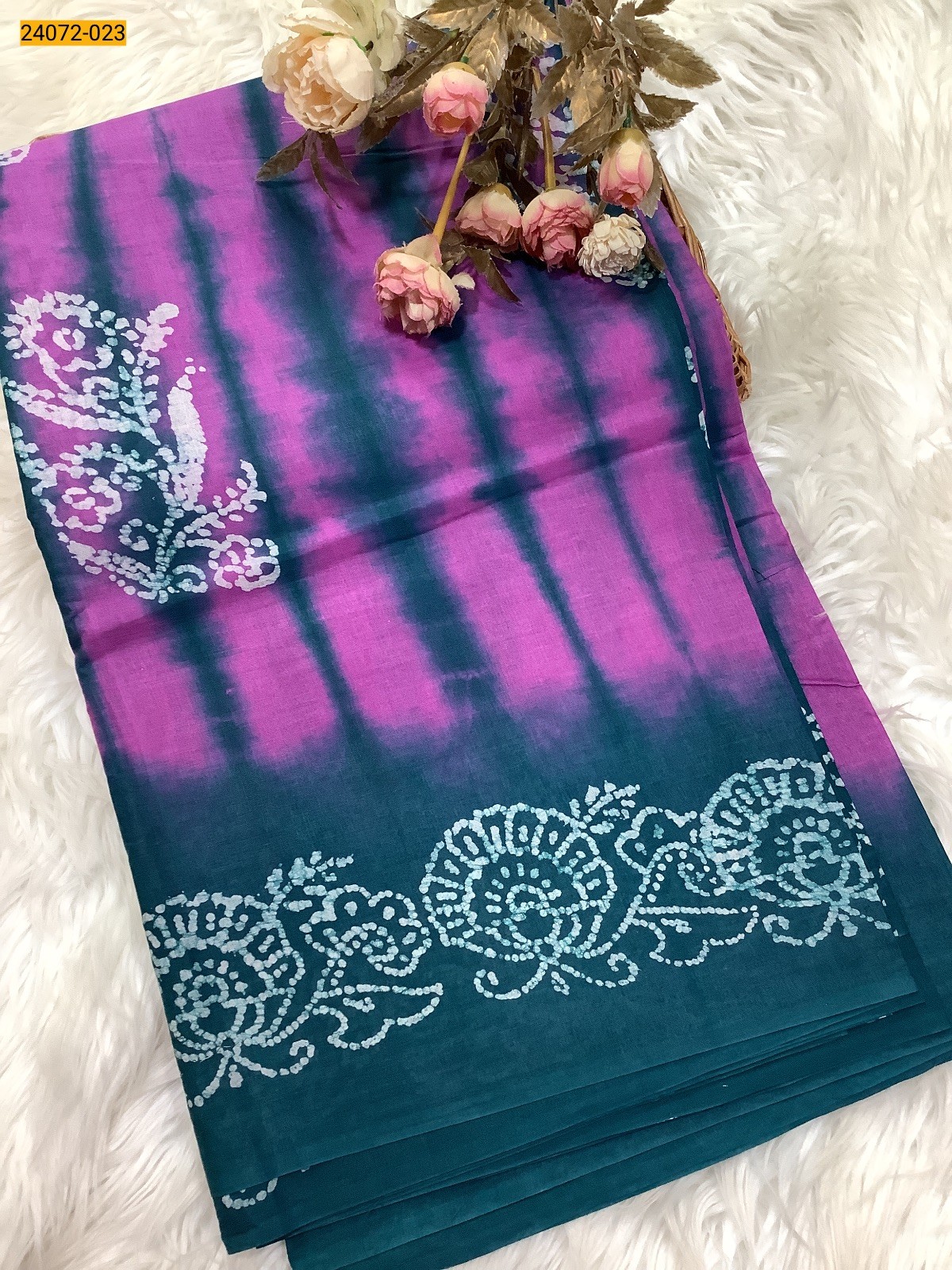 Pink With Green Batik Soft Cotton Saree