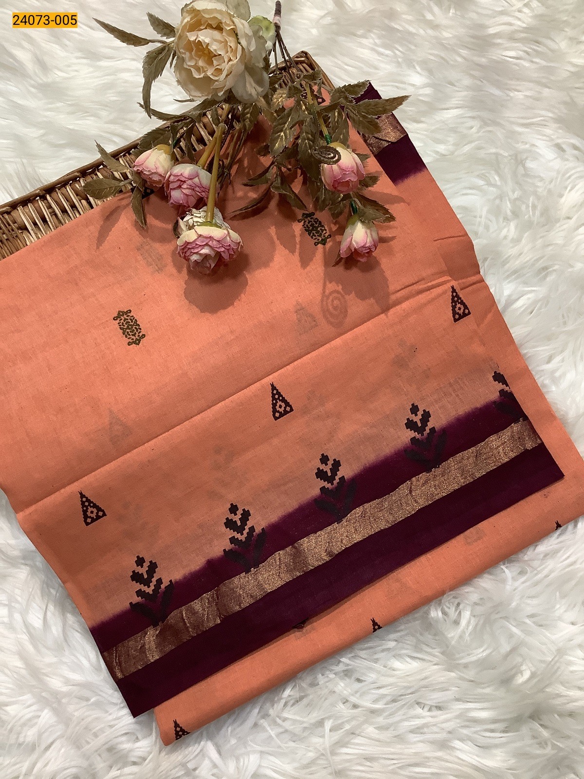 Orange Sungudi Cotton Printed Saree