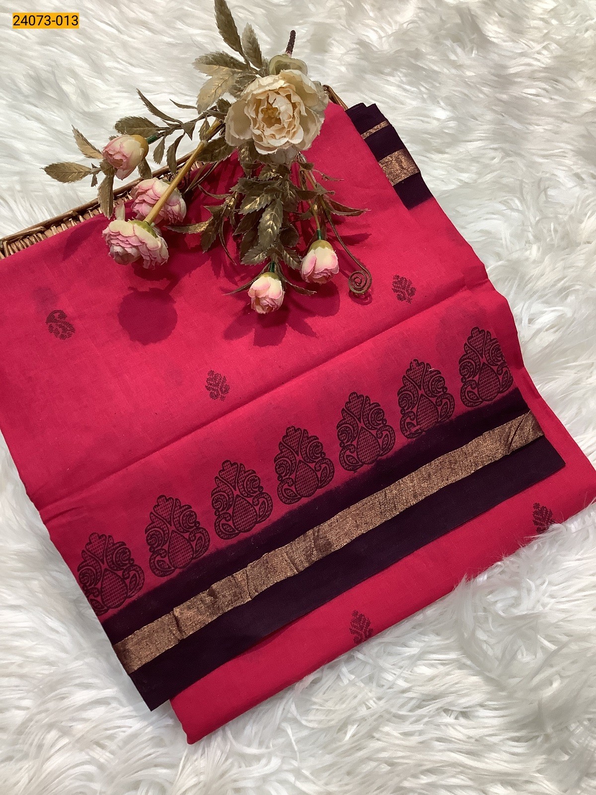 Dark Pink Sungudi Cotton Printed Saree