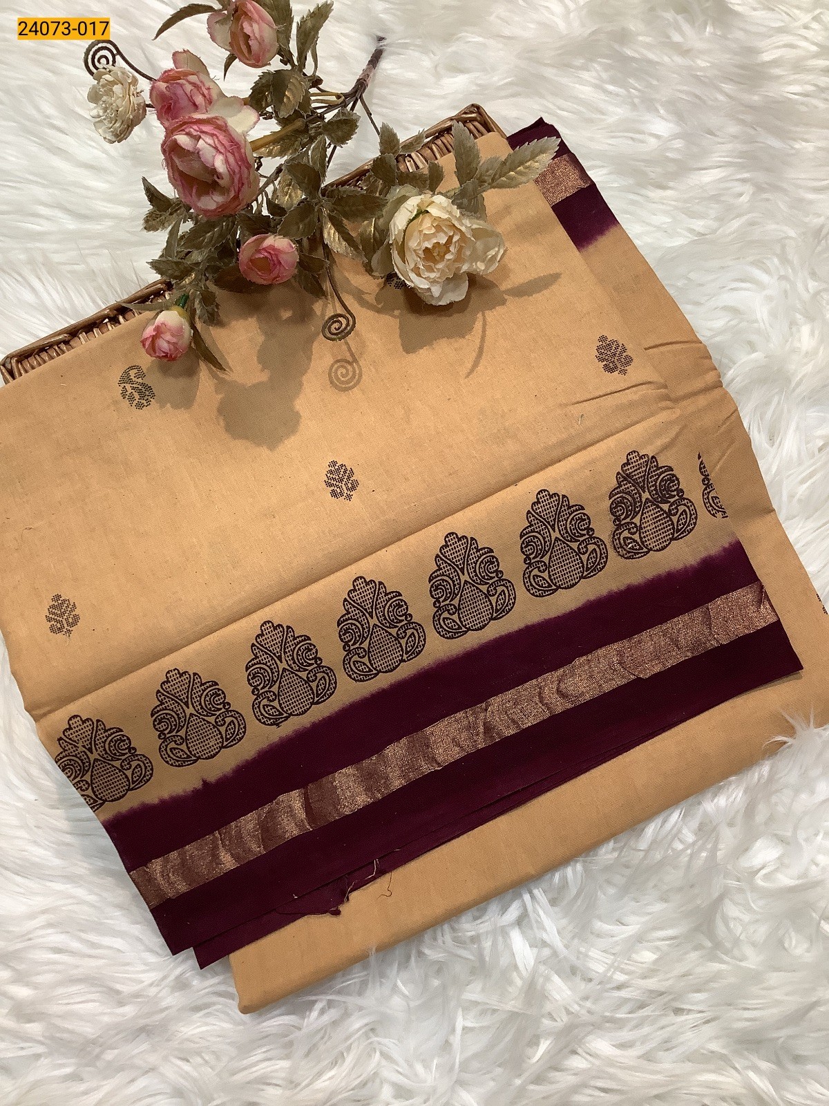 Brown Sungudi Cotton Printed Saree