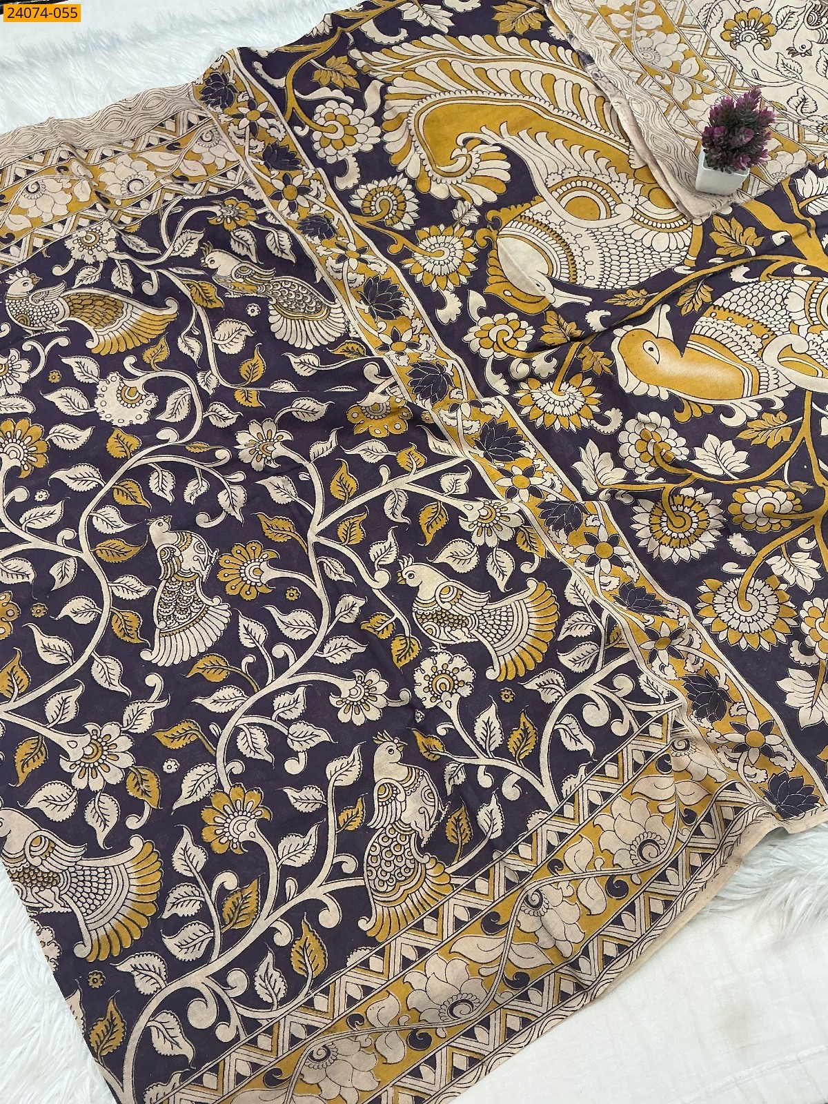 Purple Kalamkari Printed Cotton Saree