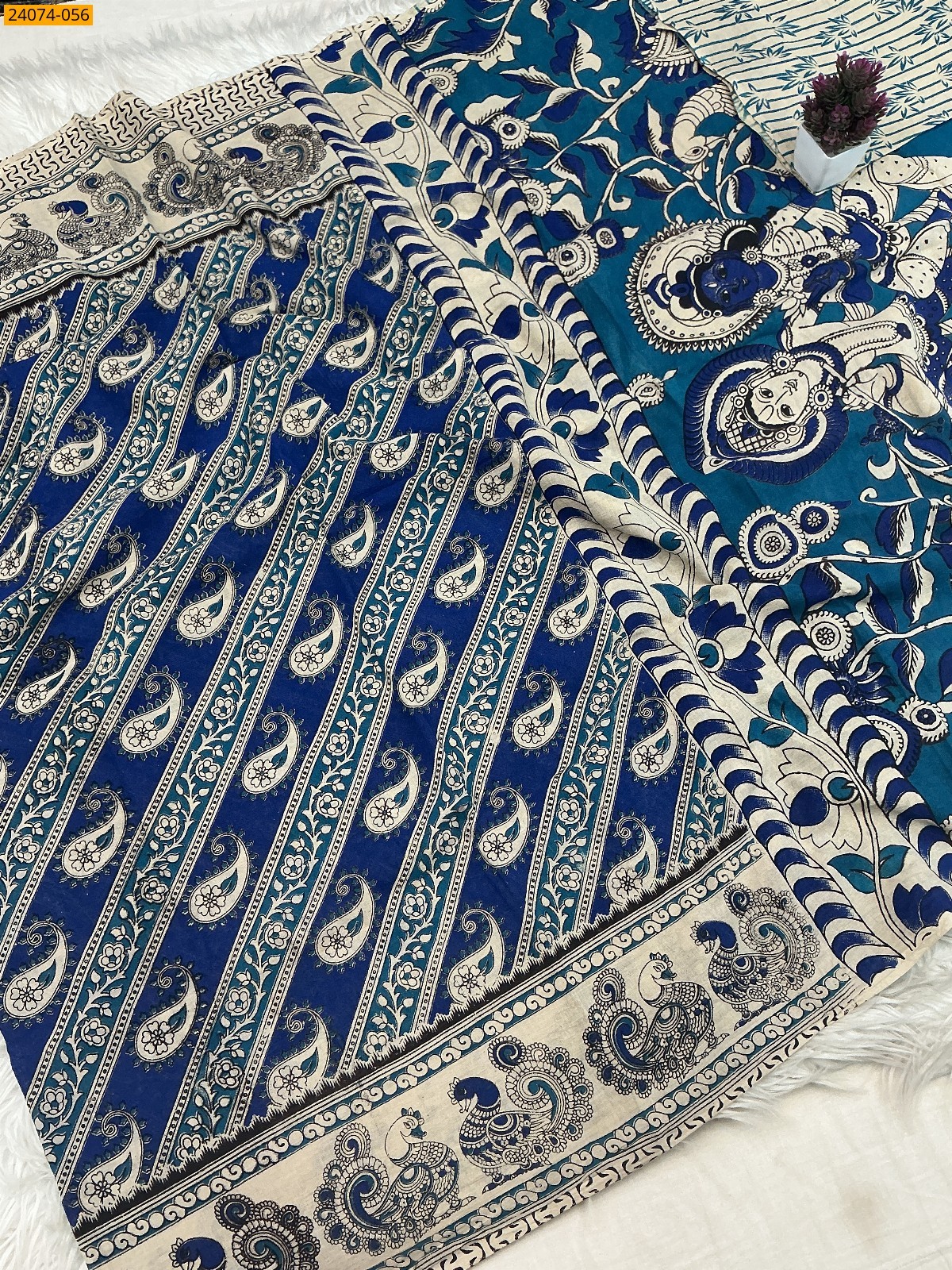 Royal Blue Kalamkari Printed Cotton Saree