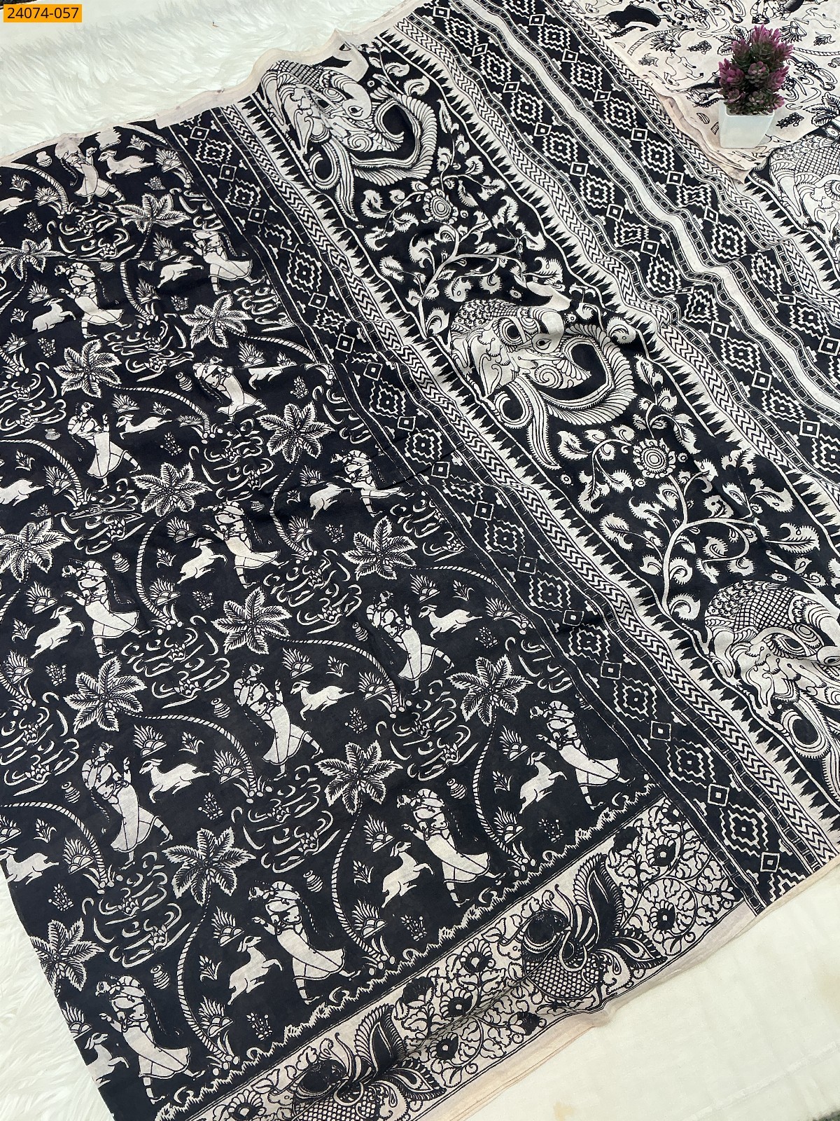 Black Kalamkari Printed Cotton Saree