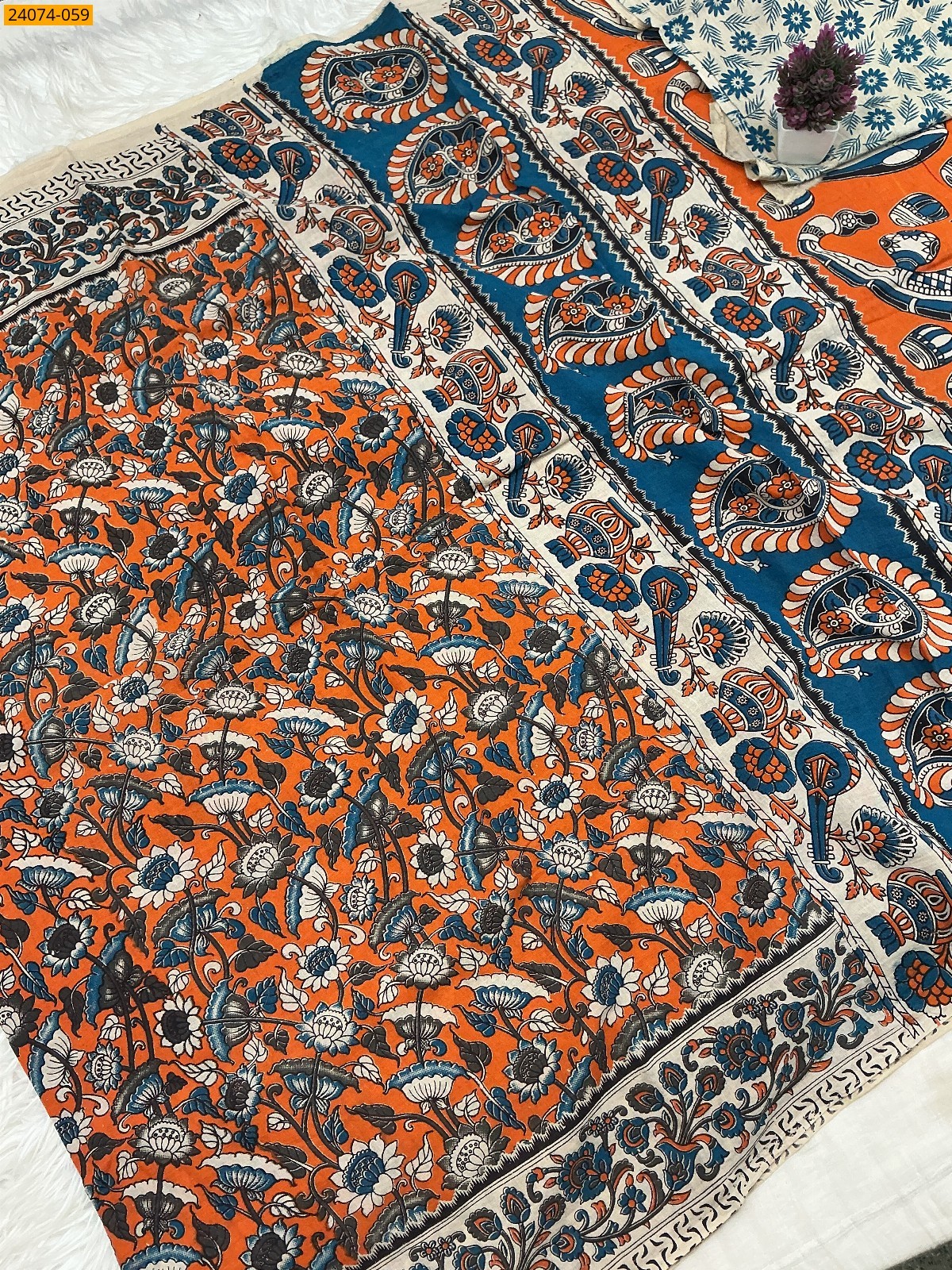 Orange Kalamkari Printed Cotton Saree