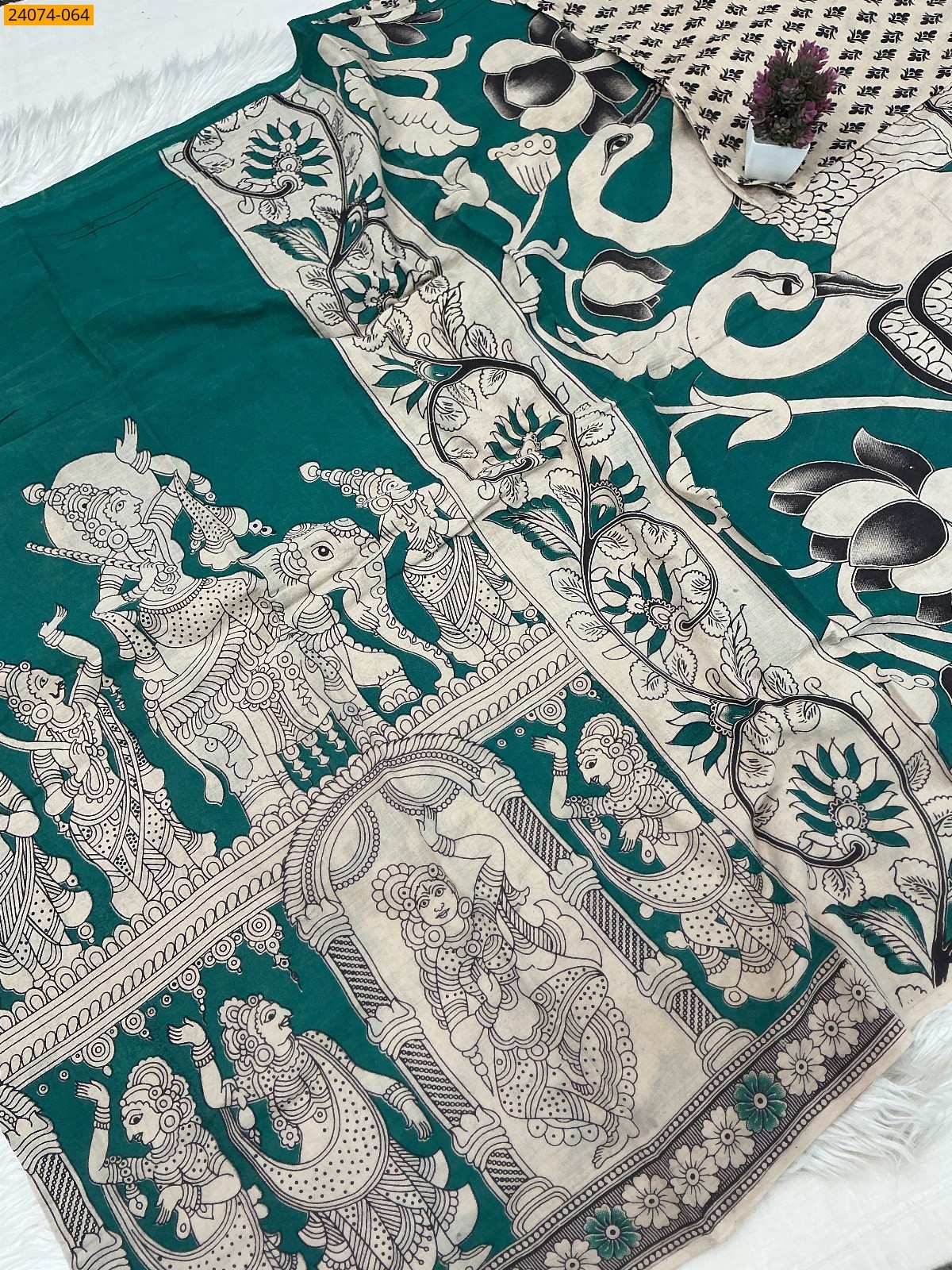 Rama Green Kalamkari Printed Cotton Saree