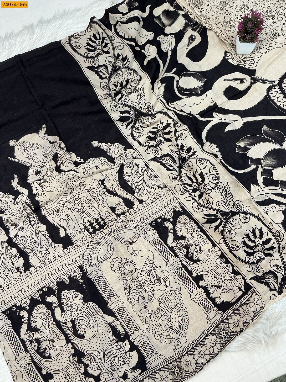 Black Kalamkari Printed Cotton Saree