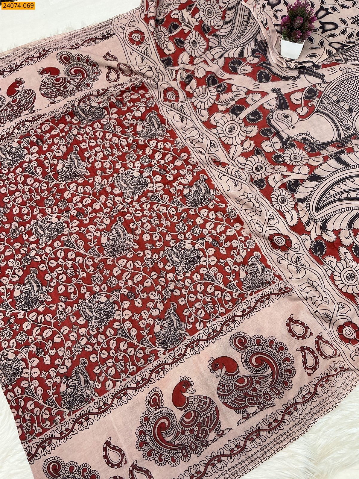 Red Kalamkari Printed Cotton Saree