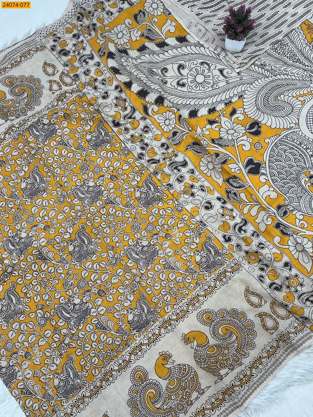 Yellow Kalamkari Printed Cotton Saree