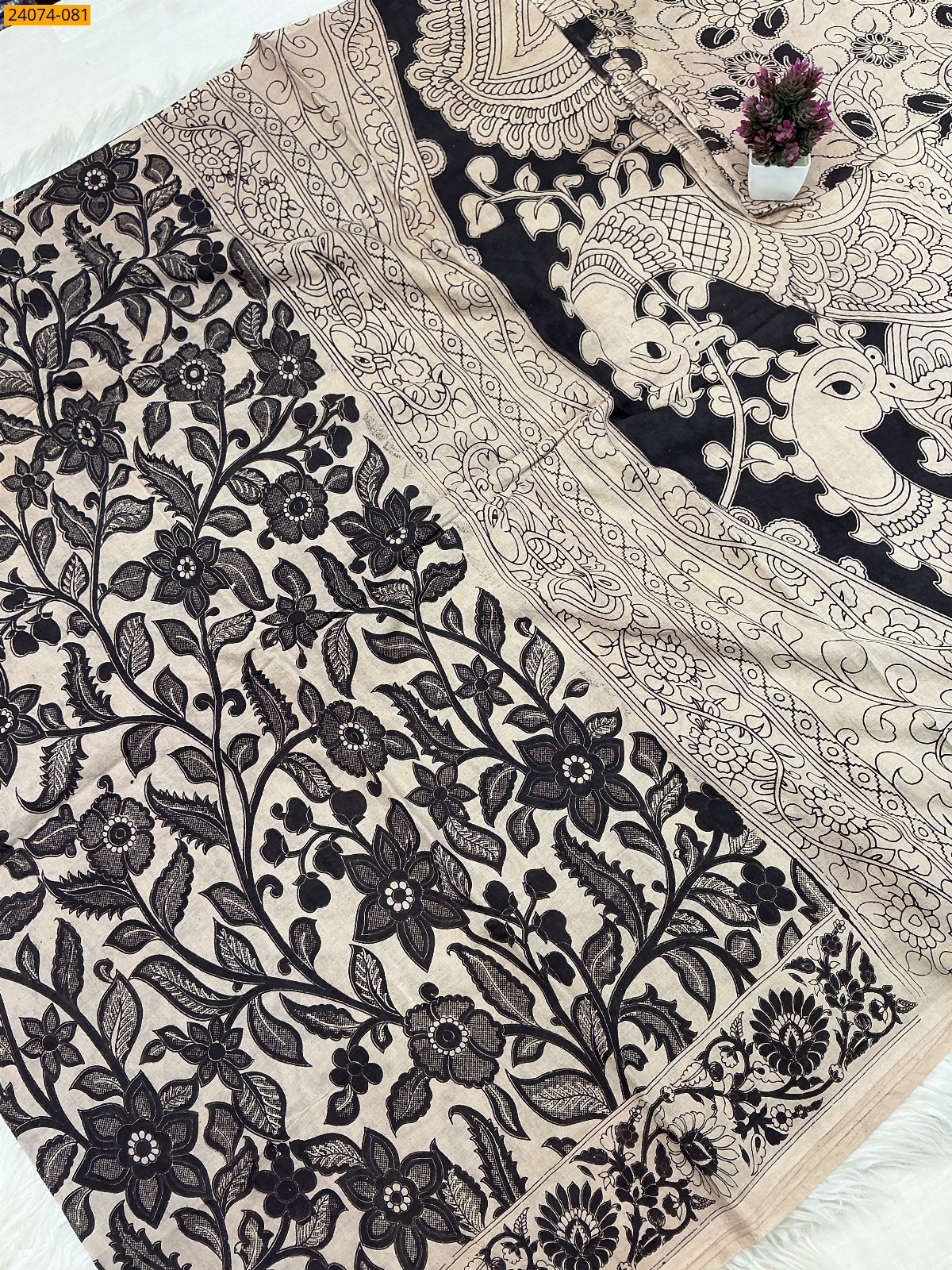 Black Kalamkari Printed Cotton Saree