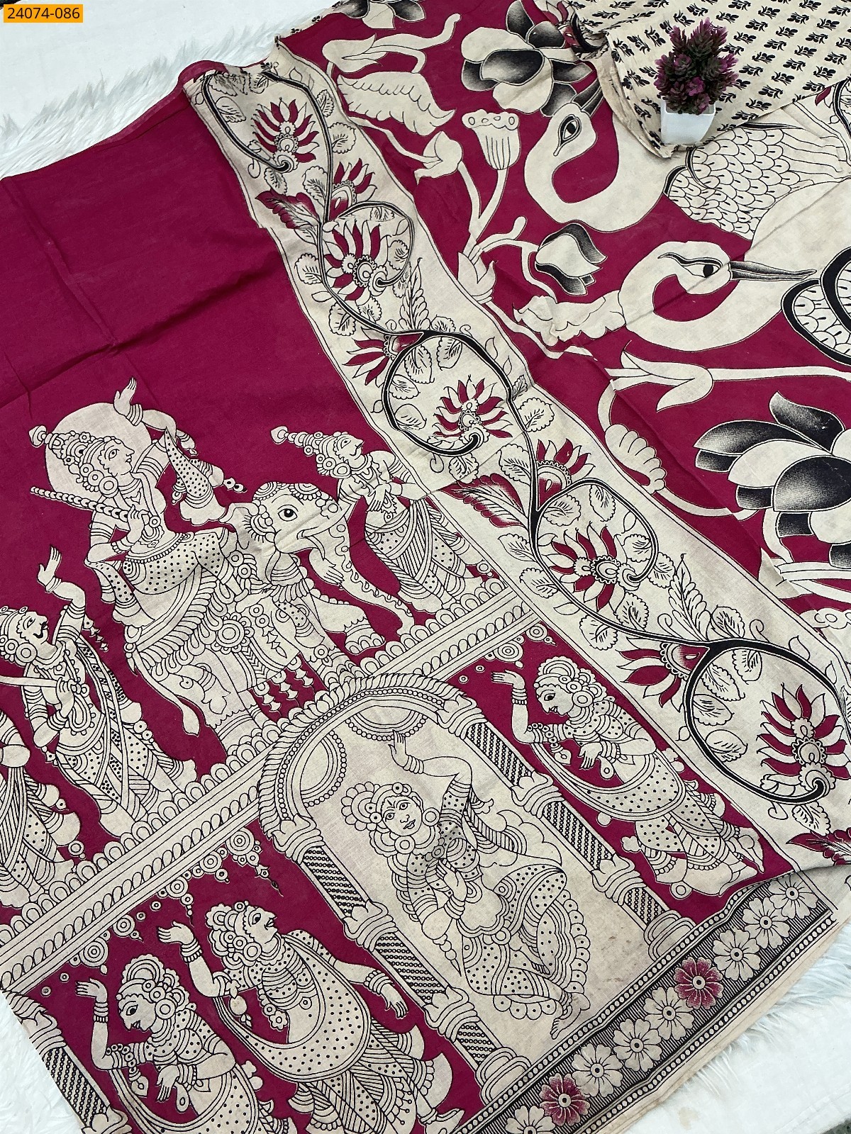 Pink Kalamkari Printed Cotton Saree