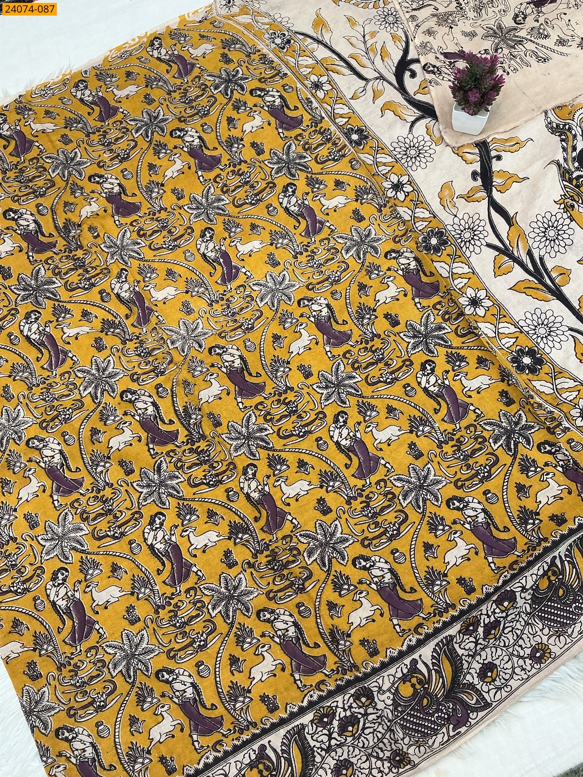 Yellow Kalamkari Printed Cotton Saree