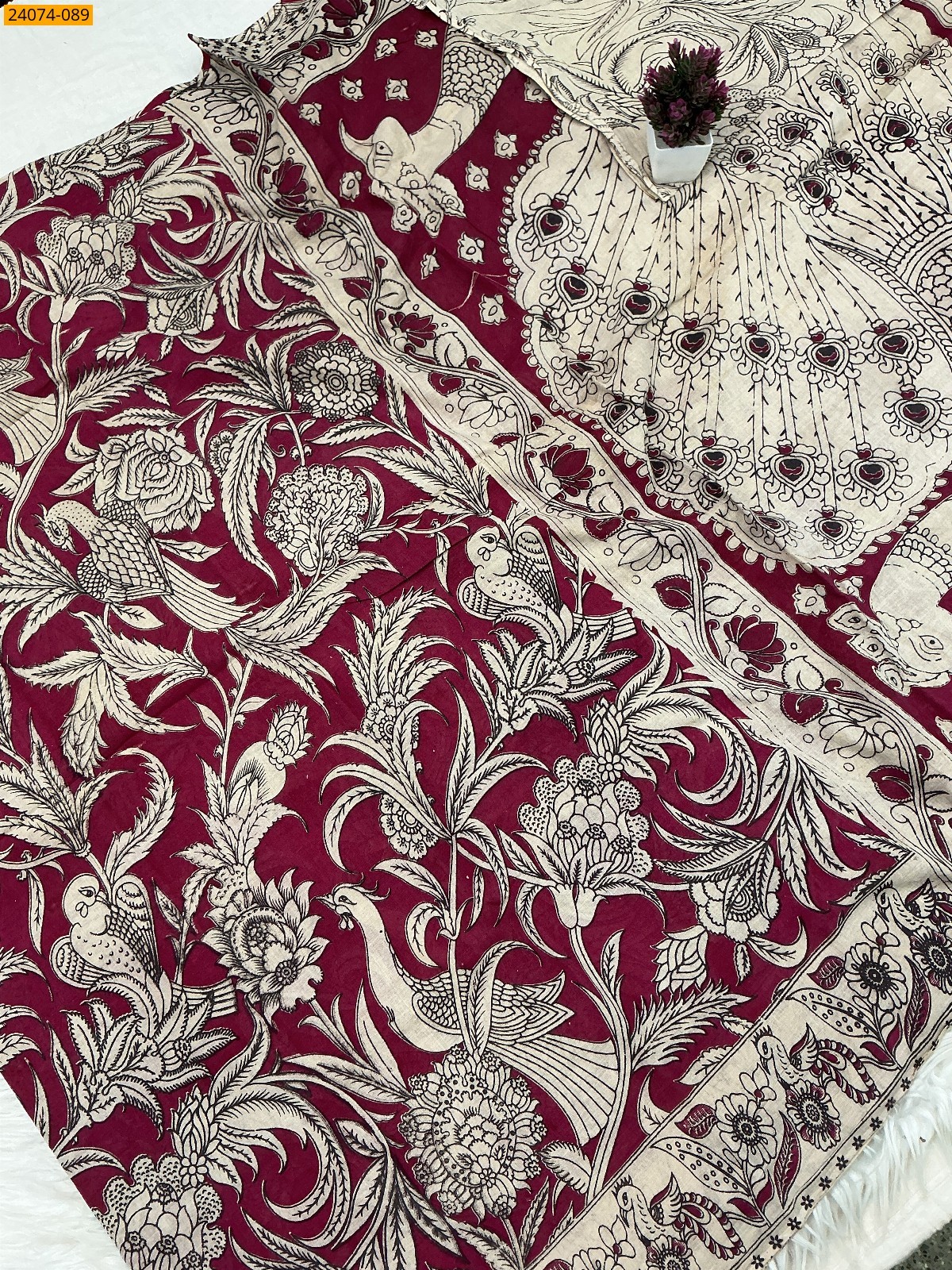 Dark Pink Kalamkari Printed Cotton Saree