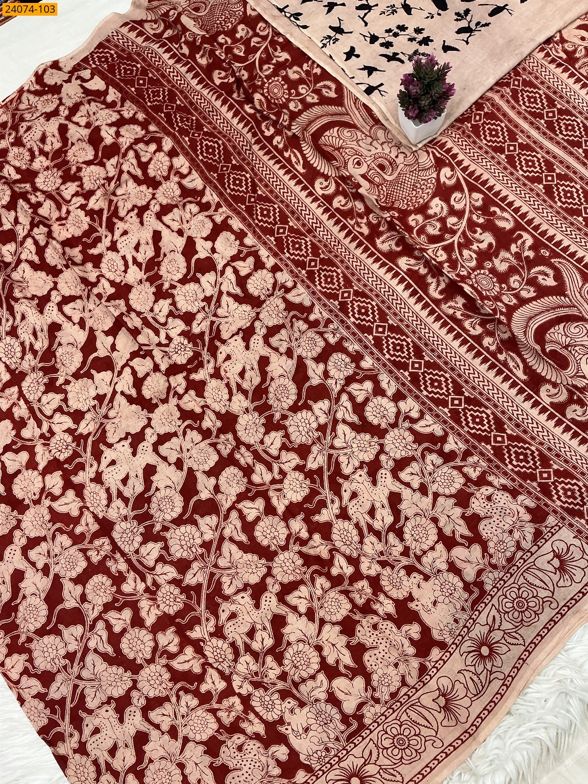 Maroon Kalamkari Printed Cotton Saree