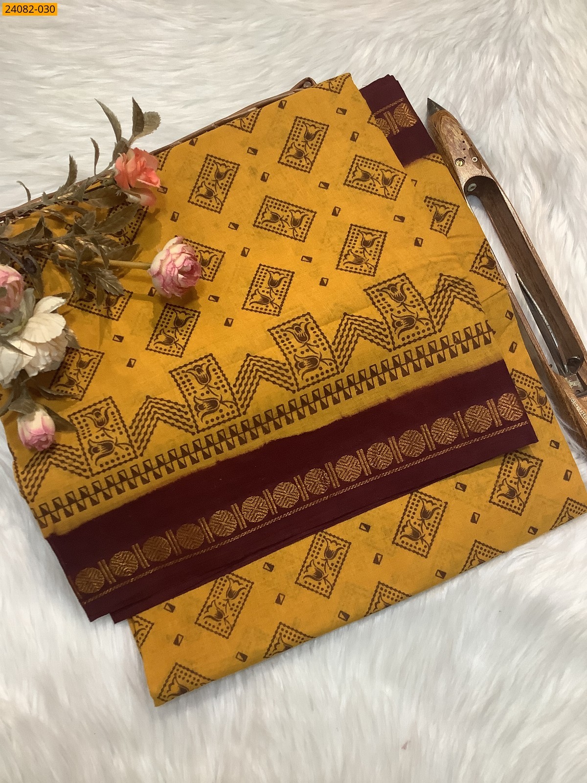 Yellow Sungudi Cotton printed saree 