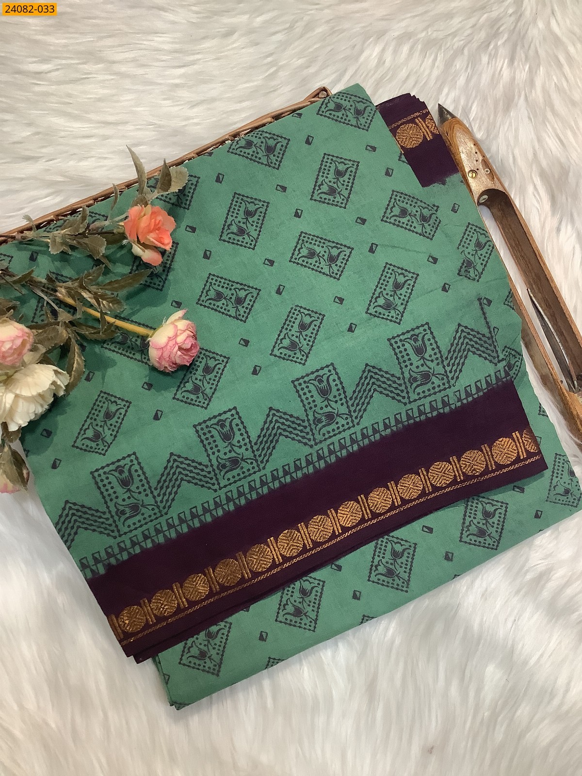 Dark Green Sungudi Cotton printed saree 
