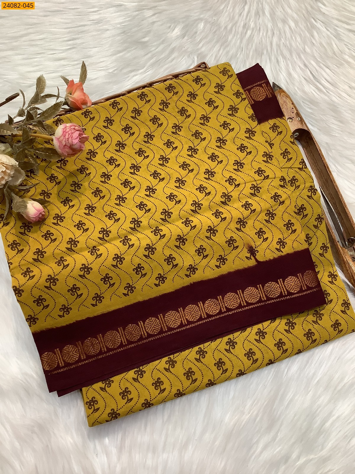 Yellow Sungudi Cotton printed saree 
