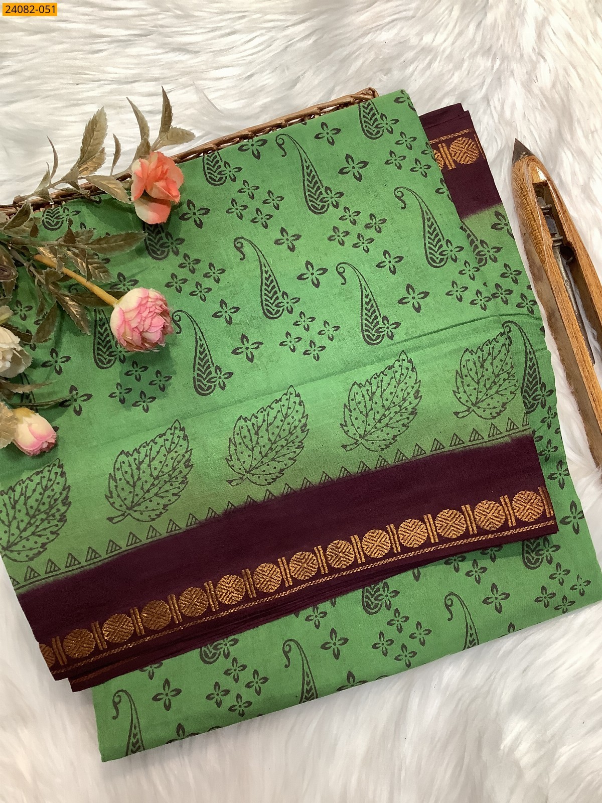 Olive Green Sungudi Cotton printed saree 