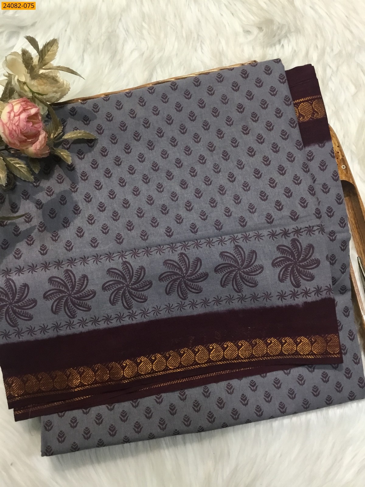Gray Sungudi Cotton printed saree 
