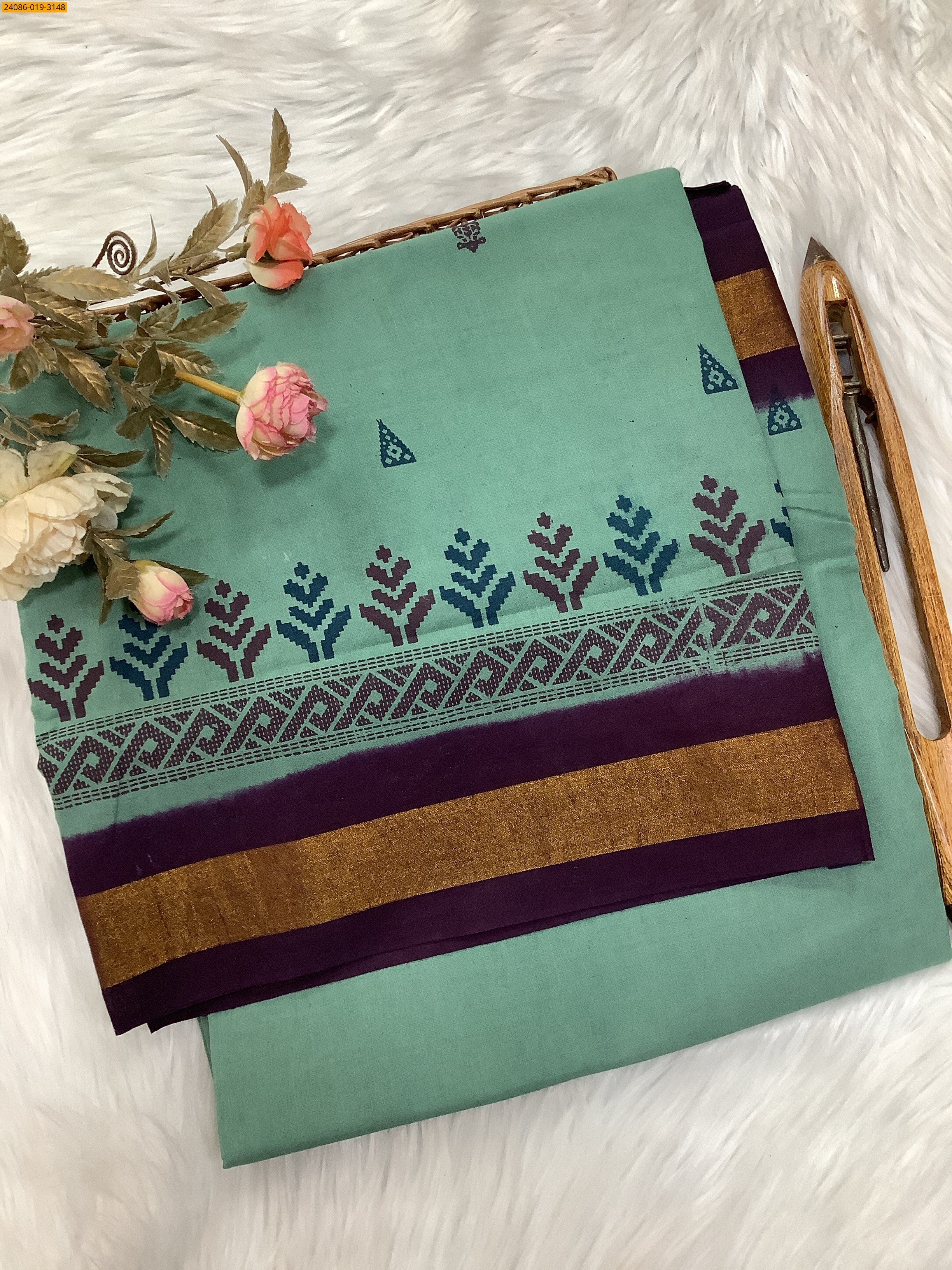 Olive Green Tirupur Dyed Printed Cotton Saree