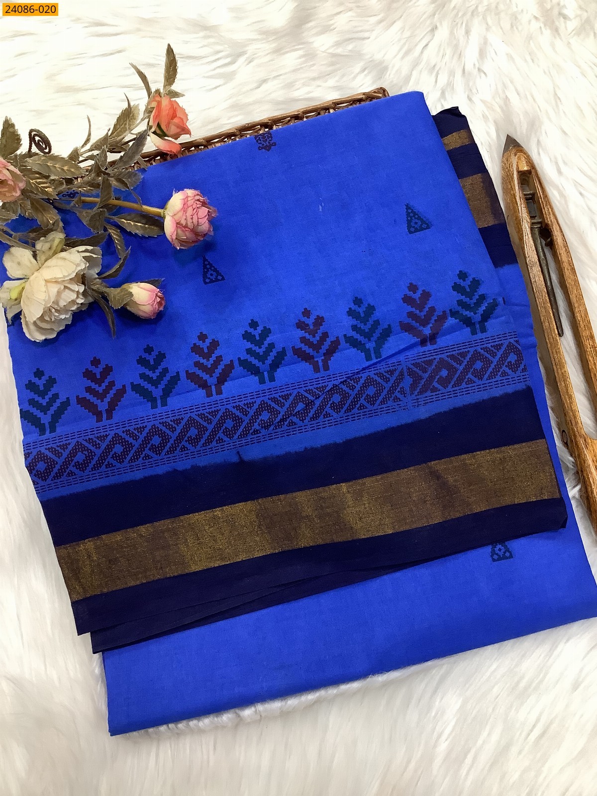 Royal Blue Tirupur Dyed Printed Cotton Saree