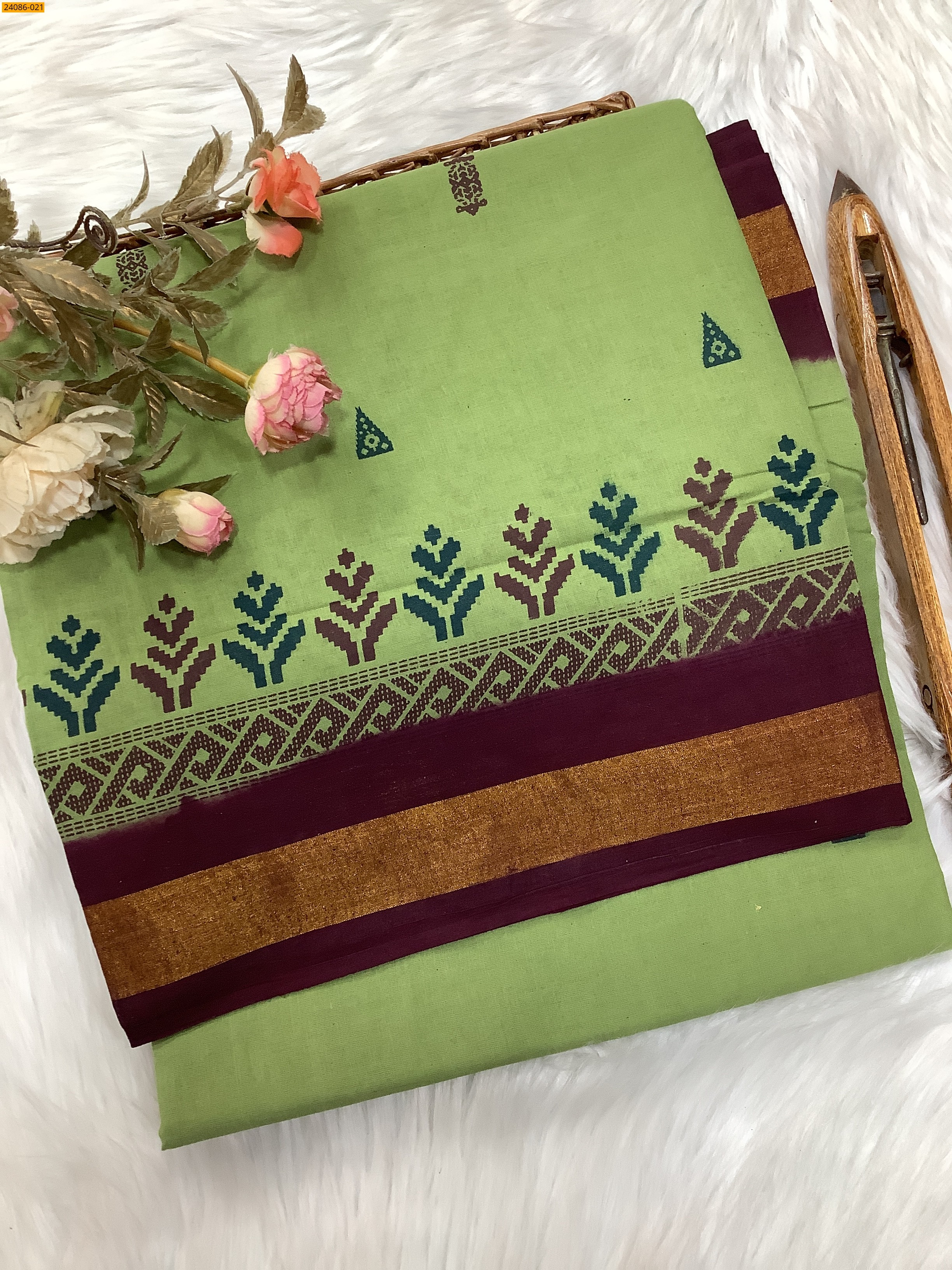 Ligth Green Tirupur Dyed Printed Cotton Saree