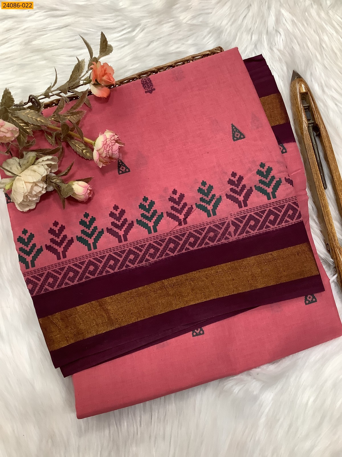 Pink Tirupur Dyed Printed Cotton Saree