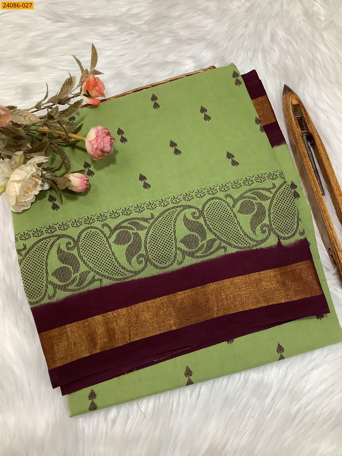 Olive green Tirupur Dyed Printed Cotton Saree