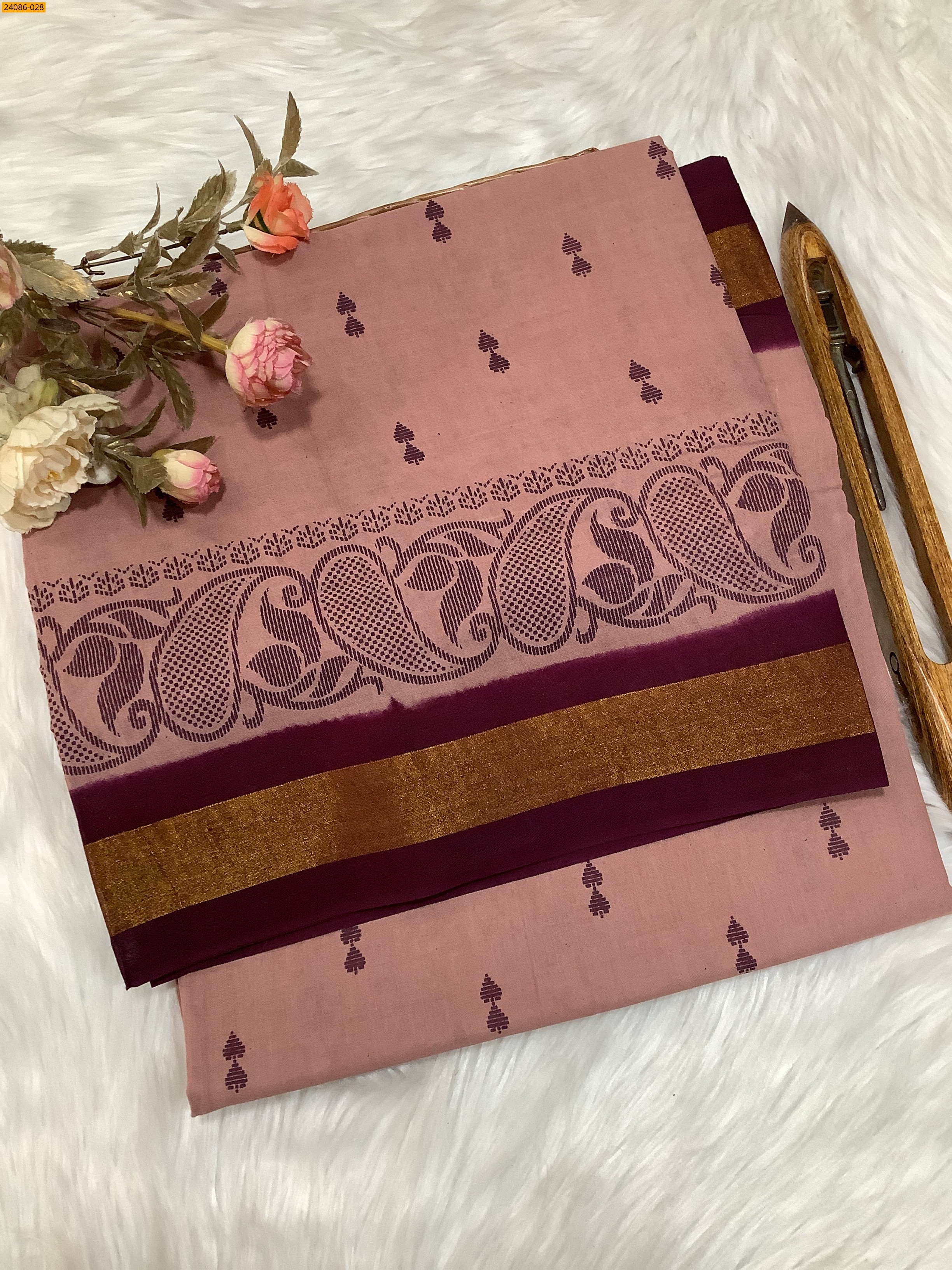 Light Pink Tirupur Dyed Printed Cotton Saree