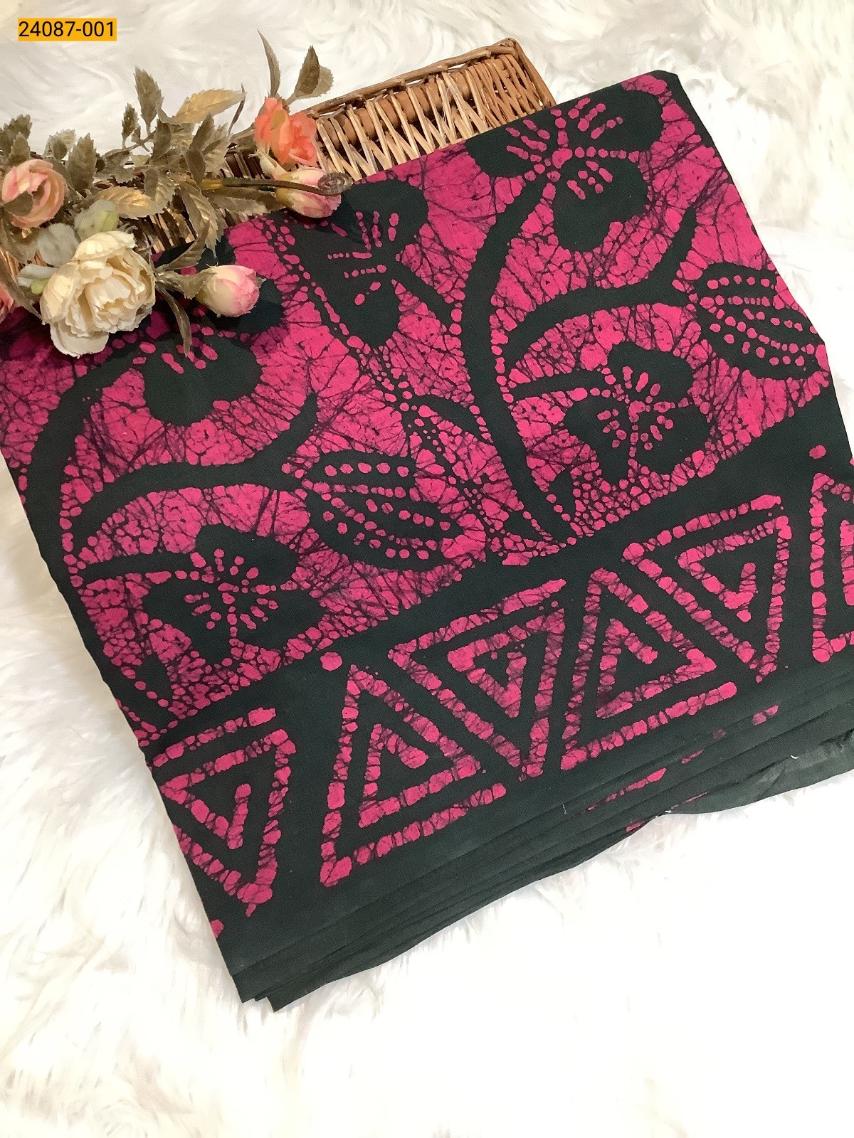 Pink With Black Batik Print Cotton sarees