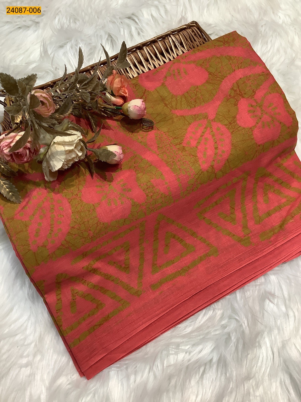Peach Batik Print Cotton sarees