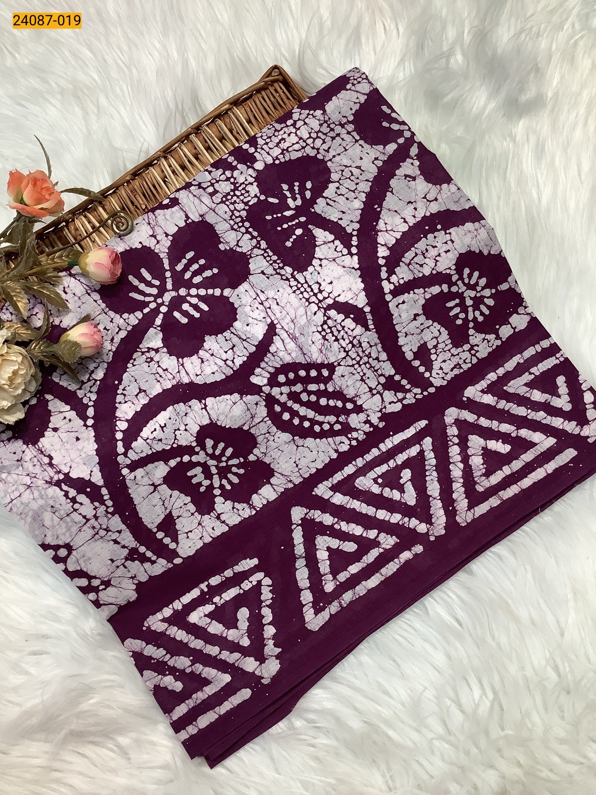 White With Purple Batik Print Cotton sarees