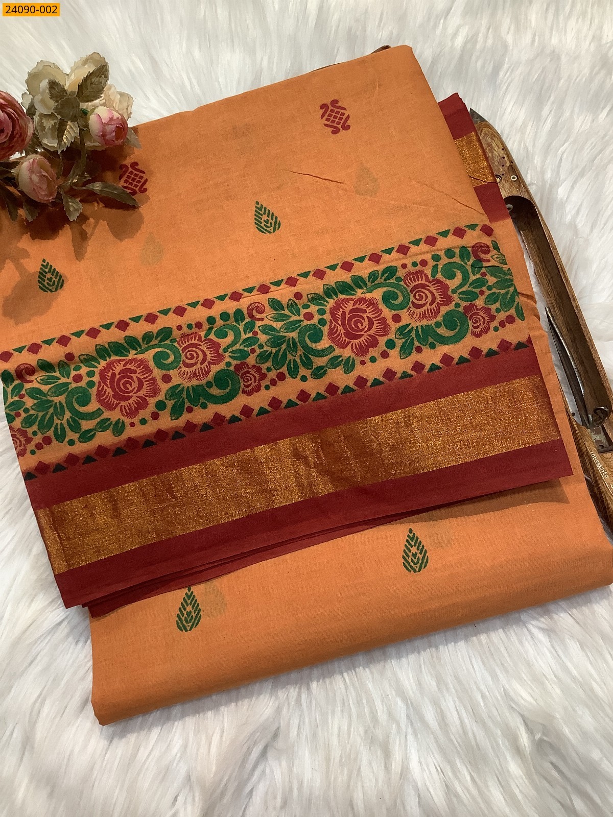 Orange Cotton printed saree