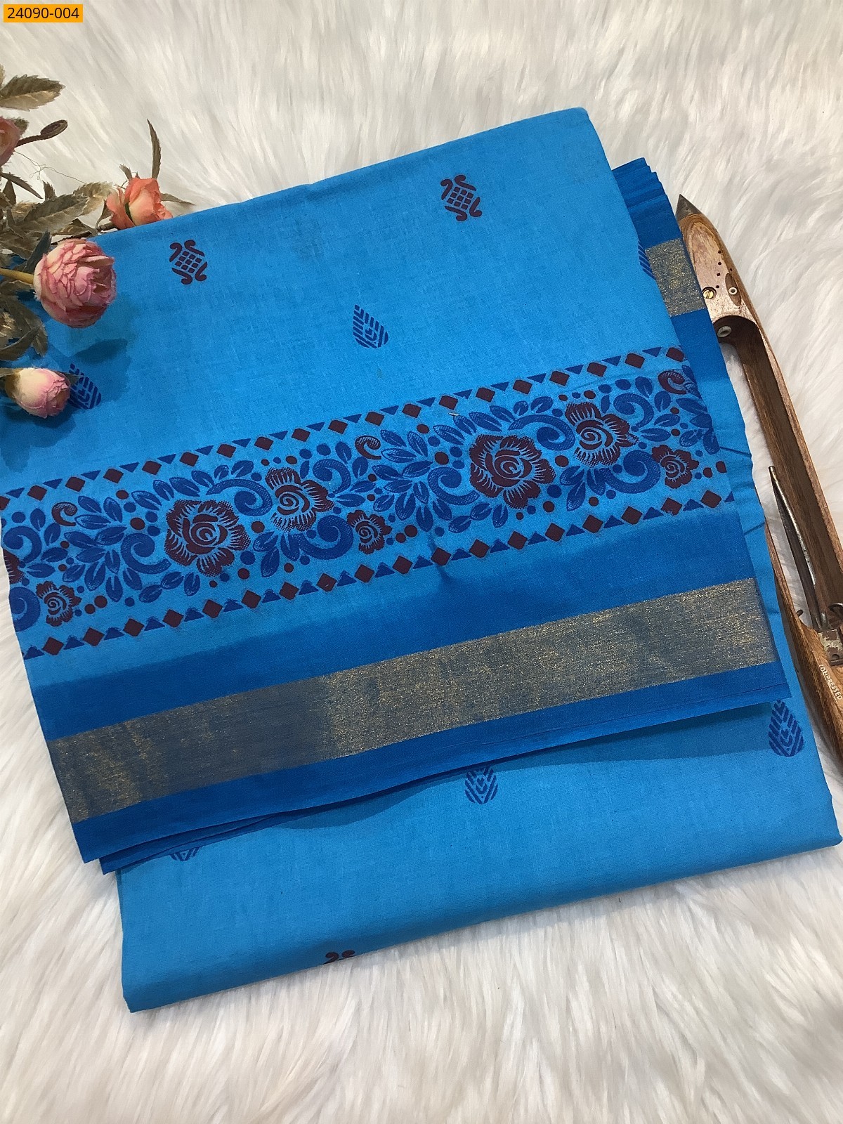 Blue Cotton printed saree