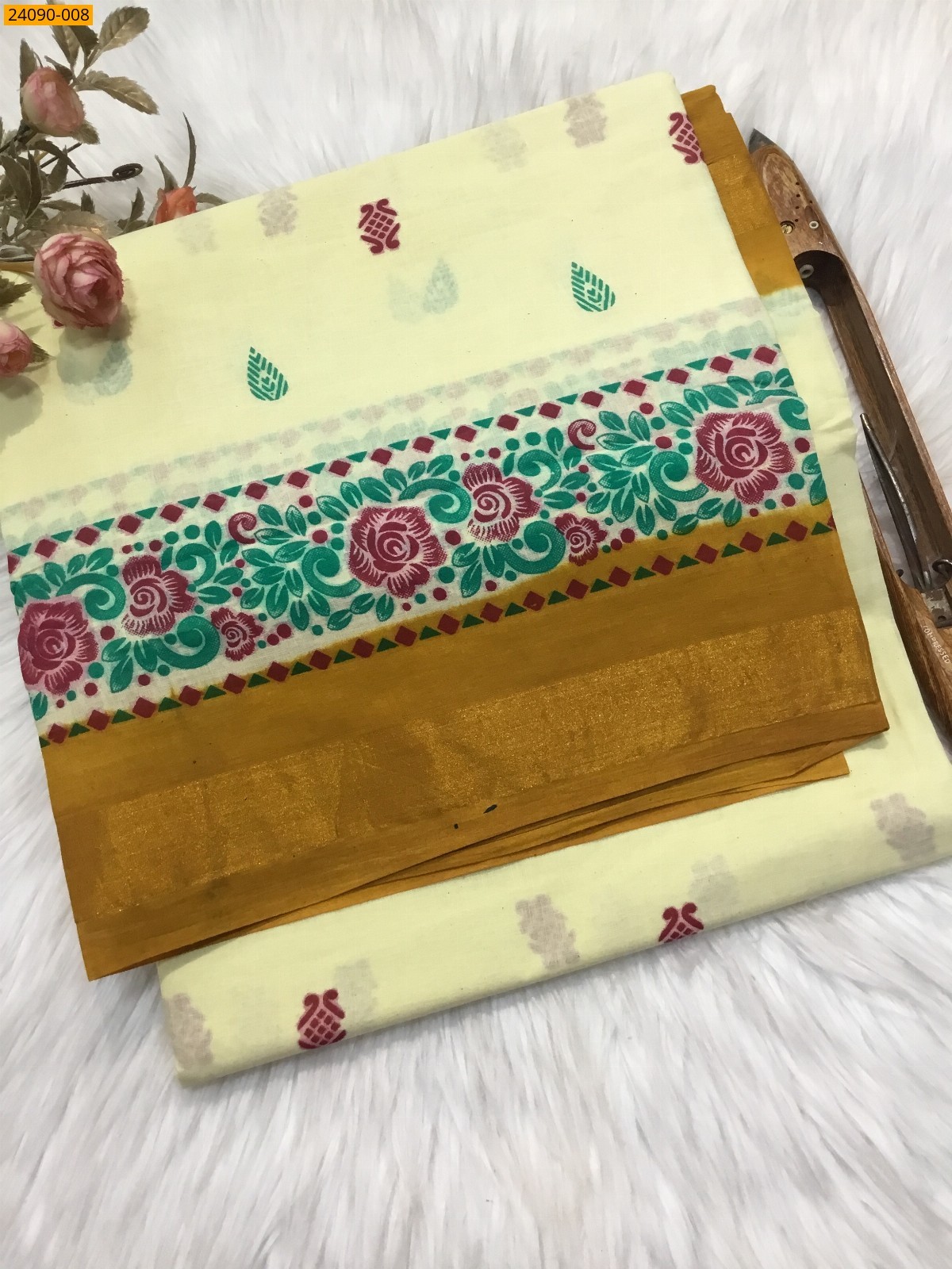 Cream Cotton printed saree